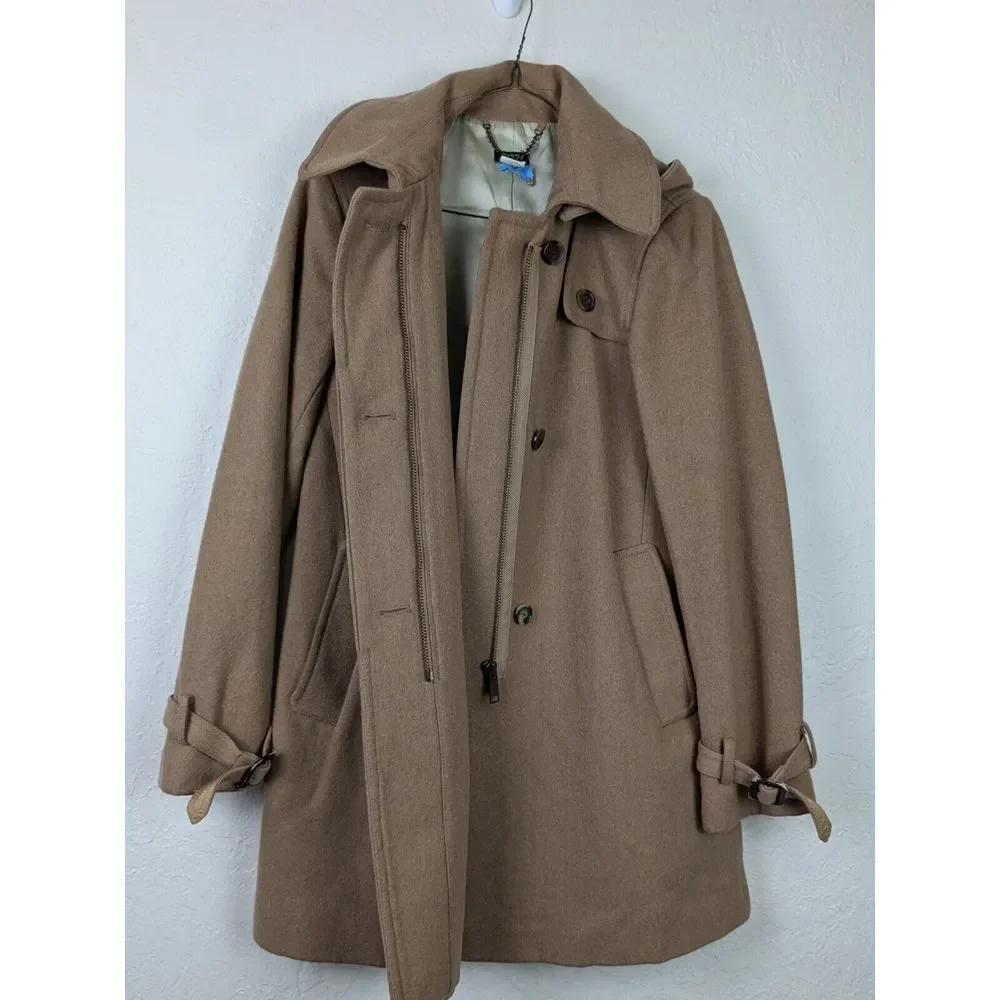 Y2K J Crew Wool OverCoat Womens Sz 4 Tan Camel Lined Winter‎ Jacket Hood Collar